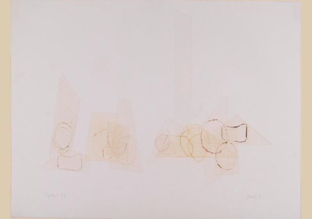 This is an Image of a piece of art, softly drawn shapes on off white paper. 