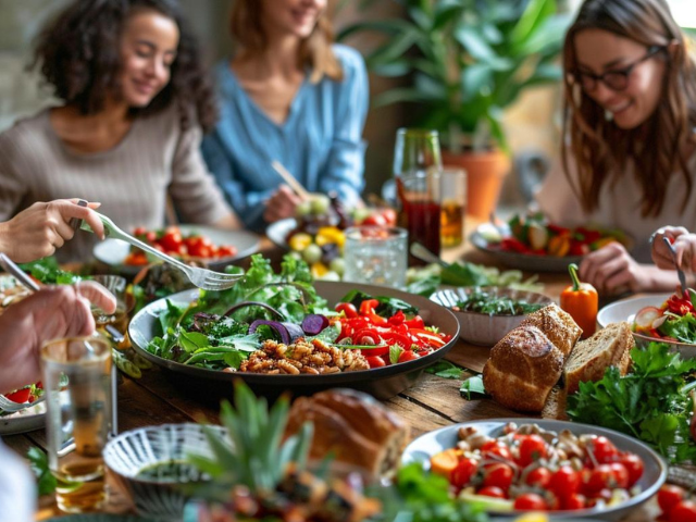 Three women around a dining table eating a plant-based meal.