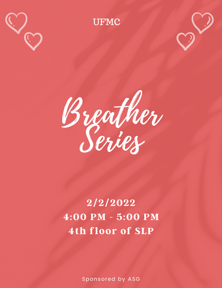 A pink flyer with white hearts. In the middle of the flyer states "Breather Series"
