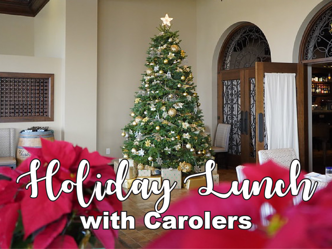 text of holiday lunch with christmas tree background