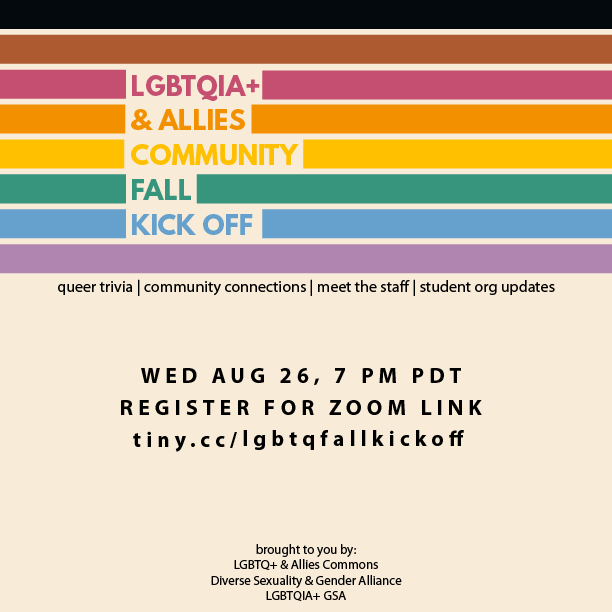 Flyer reads "LGBTQIA+ & Allies Community Fall Kick Off" with link to register