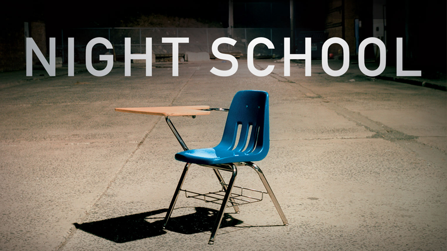 empty school chair on a basketball court with the title Night School
