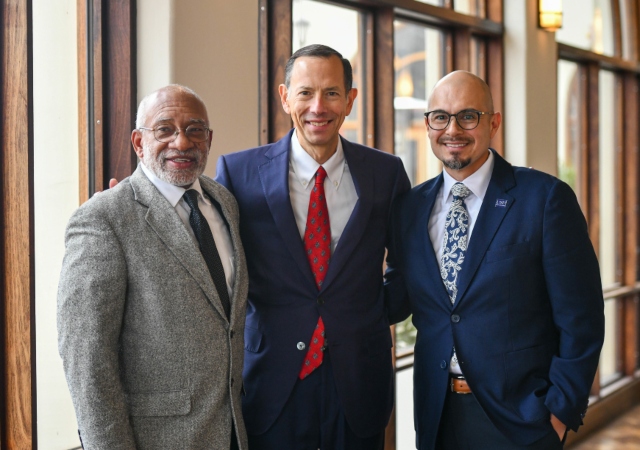 Professor Roy L. Brooks (left), Dean Robert A. Schapiro (middle), Director Mike Chavez (right)