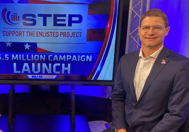 Alumnus Tony Teravainen ’12 (MSEL) sits on the television set of KUSI to promote Support The Enlisted Project (STEP).