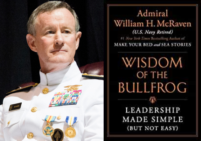 Headshot of Admiral McRaven in uniform alongside a cover of his book