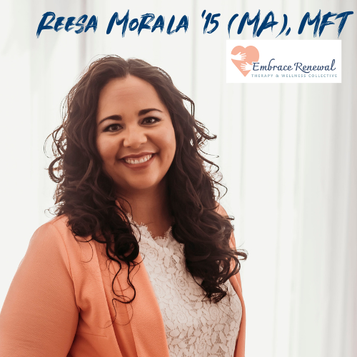 Reesa Morala '15 (MA), MFT Embrace Renewal Therapy Woman seated smiling