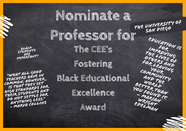chalkboard with various educational quotes and text that reads "CEE's Fostering Black Academic Excellence award."