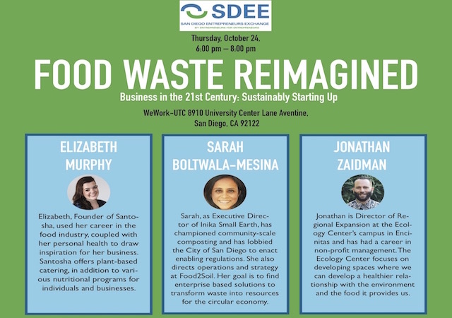 Flyer for Food Waste Reimagined Event. Includes pictures of 2 women and 1 man who are speaking at the event.