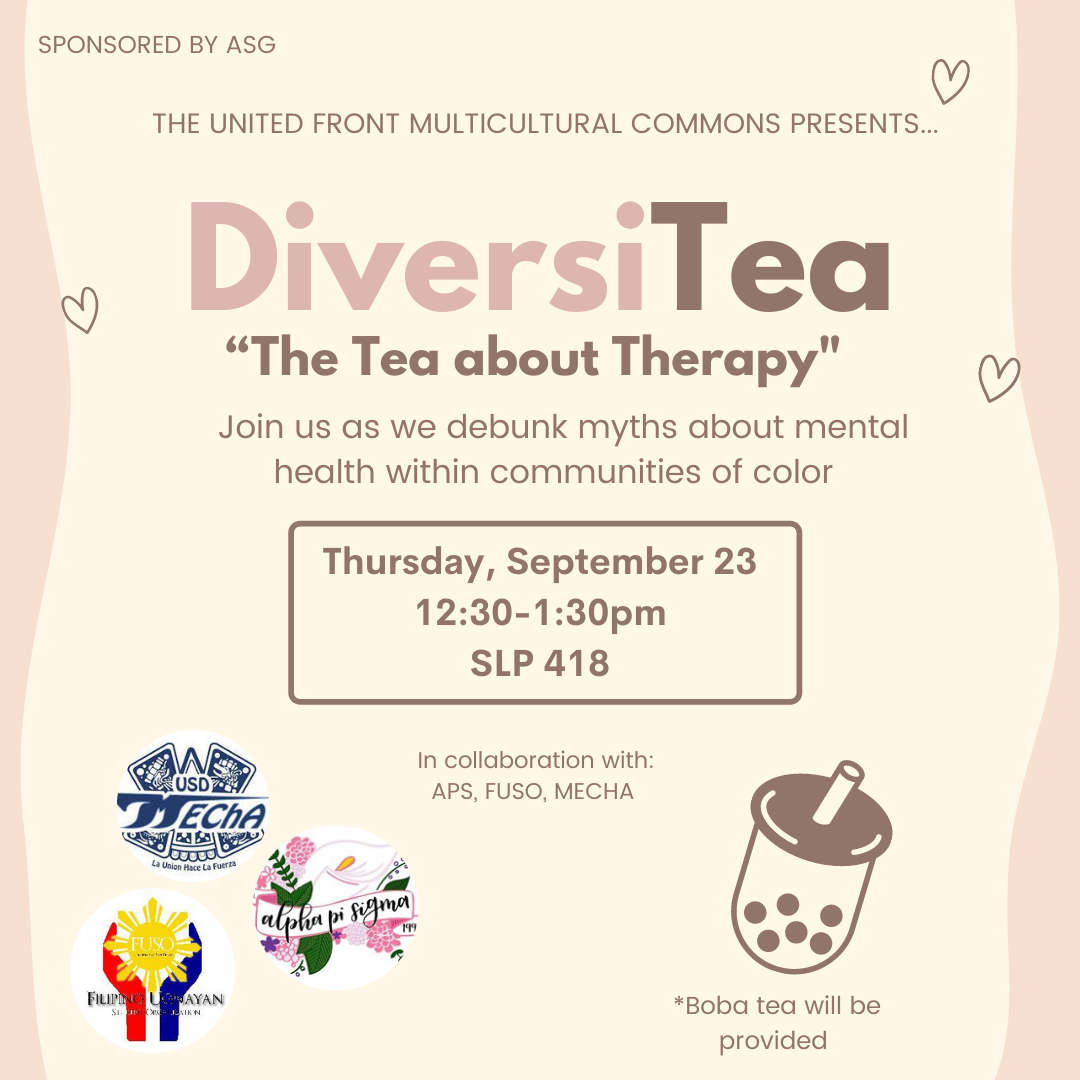 Flyer with cream and blush background. With information regarding DiversiTEA event and logos of student organizations involved.