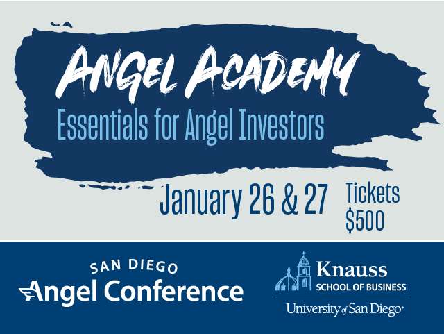 Image has the details for Angel Academy, a two-day event, with a ticket price of $500 in blue font against a gray background. There is no accompanying photo, just the information for this event to reg