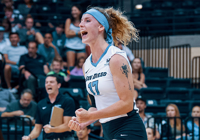 Thana Fayad celebrates after securing a point for the USD women's volleyball team.