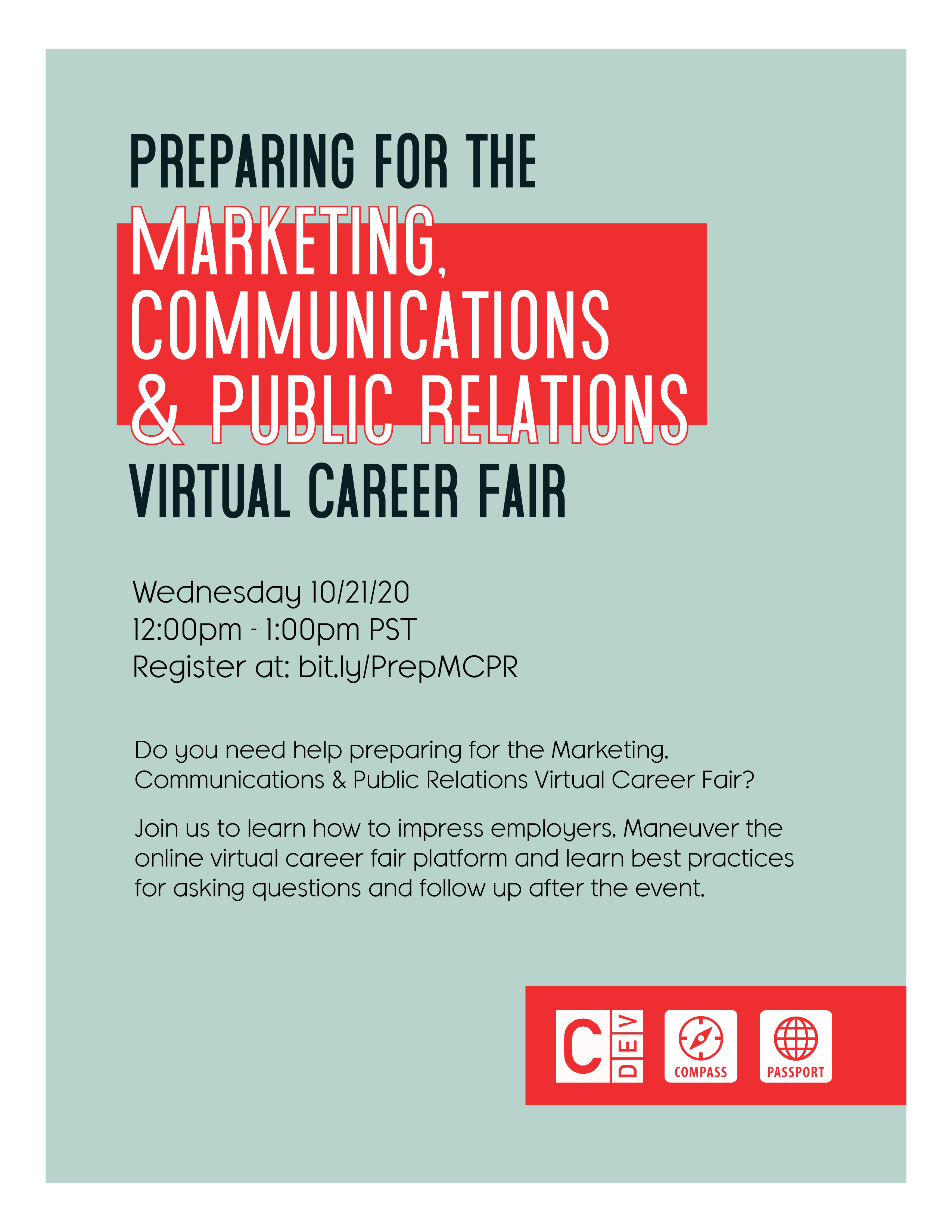 Preparing for the Marketing, Communications & Public Relations Virtual Career Fair flyer