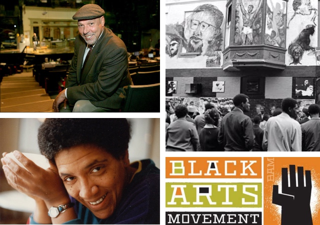 photo collage of Audrey Lorde, August Wilson, a scene outside a theatre during the Harlem Renaissance, and a poster for the Black Arts Movement