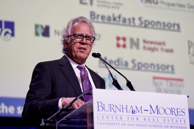 Stath Karras, executive director of the Burnham-Moores Center for Real Estate at the podium at the 23rd Annual Real Estate Conference