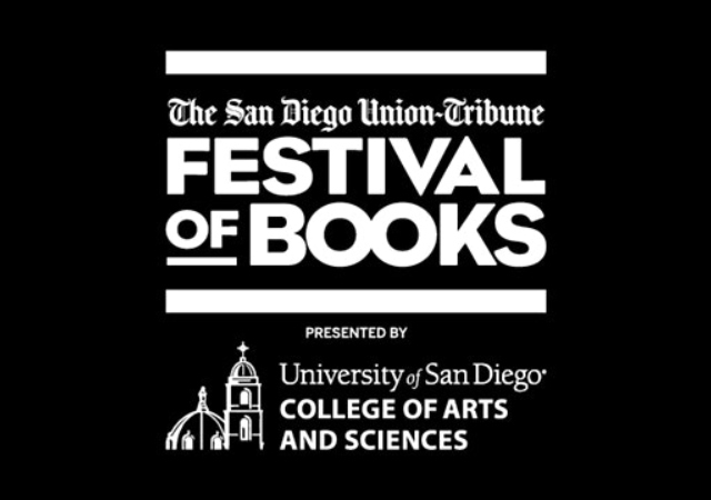 Black background with white font of logo of the San Diego Union Tribune Festival of Books and the University of San Diego College of Arts and Sciences