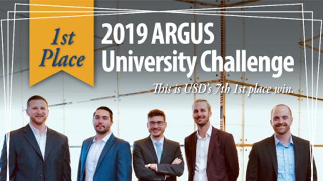 USD School of Business team takes first place in 2019 ARGUS Competition team (Left to right): Shane Isdaner '20, Ted Kavich '19, Johannes Hummel '19, Alexander Dow '19, Tyler Jenkins '19
