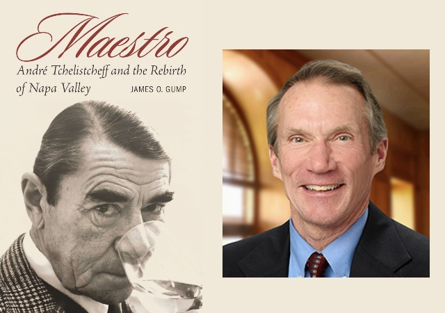 left side is cover of his book showing a man drinking wine. right side is a headshot of Jim Gump in a blue shirt, jacket and tie.