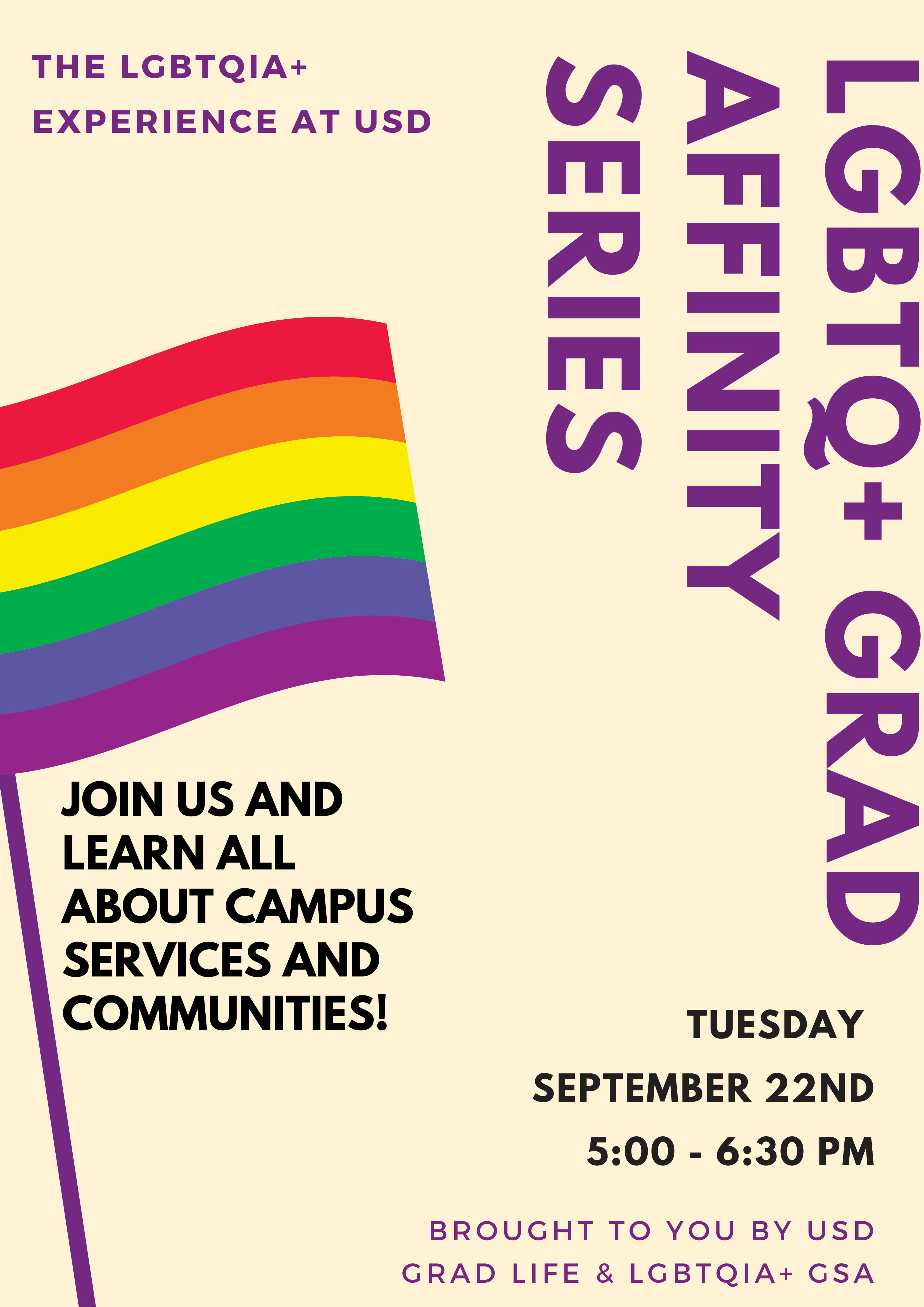 Event flyer - pale background with pride flag