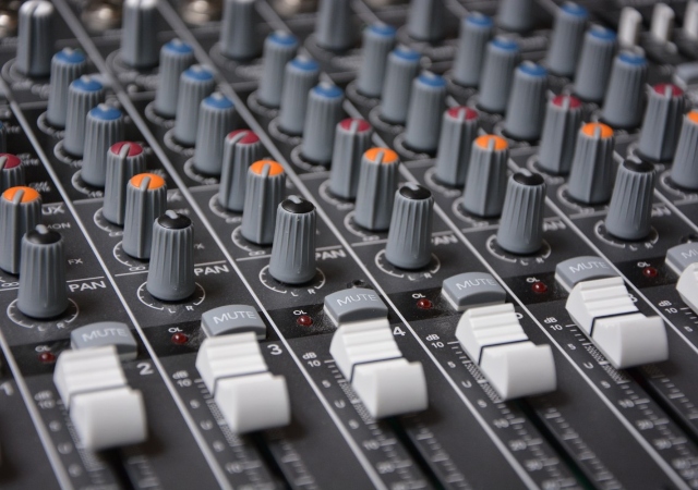 Close up of audio mixing console