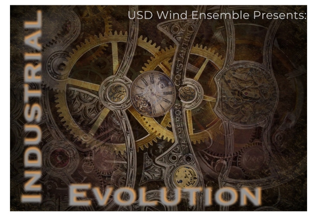 Steampunk gears with text reading USD Wind Ensemble Presents Industrial Revolution