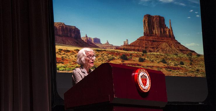 Joan Jonas, the 2018 Kyoto Prize Laureate for Arts and Philosophy, gives a talk during the Kyoto Prize Symposium in Shiley Theatre on March 21.