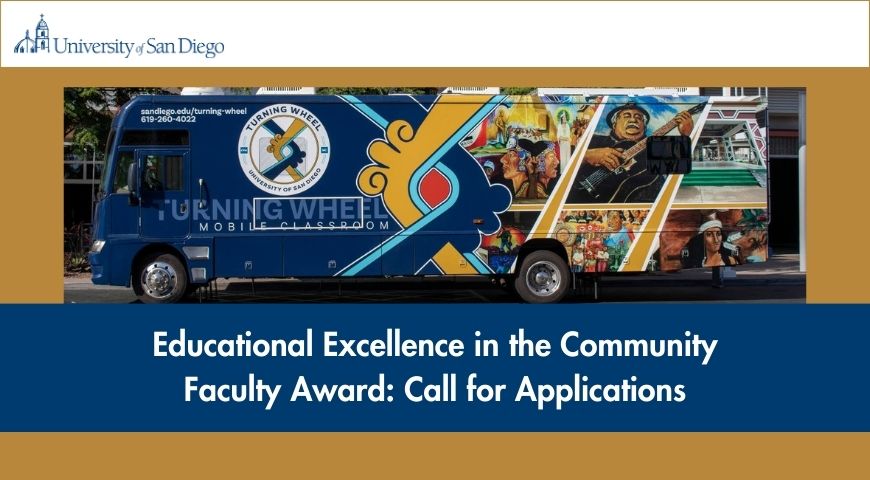 Turning Wheel Mobile Classroom with text that reads "Educational Excellence in the Community Faculty Award: Call for Applications."