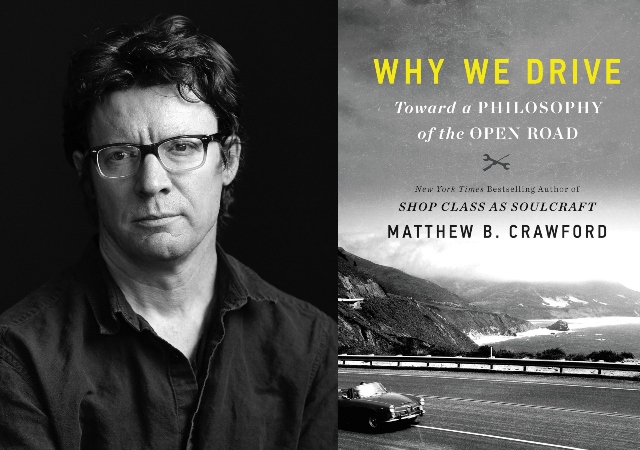 black and white photograph of Crawford from the shoulder up. He is wearing glasses with a smile. On the right side is a cover of his book which shoes an open road and a car driving by mountains