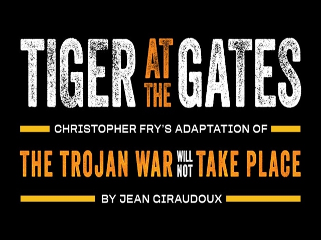 Dark background with stamp-like font in white and orange with the following lines stacked upon one another: large at the top in white "Tiger at the Gates." A small font below saying "Ch