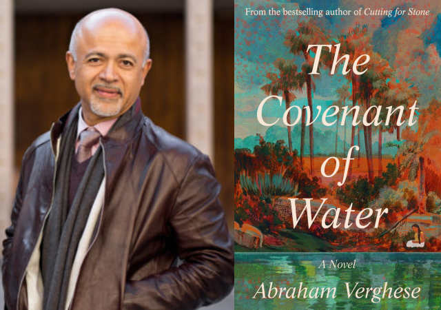 headshot of Verghese in a brown leather jacket smiling with the book cover on the right, which is a painting of a woman by a body of water with palm trees behind her 
