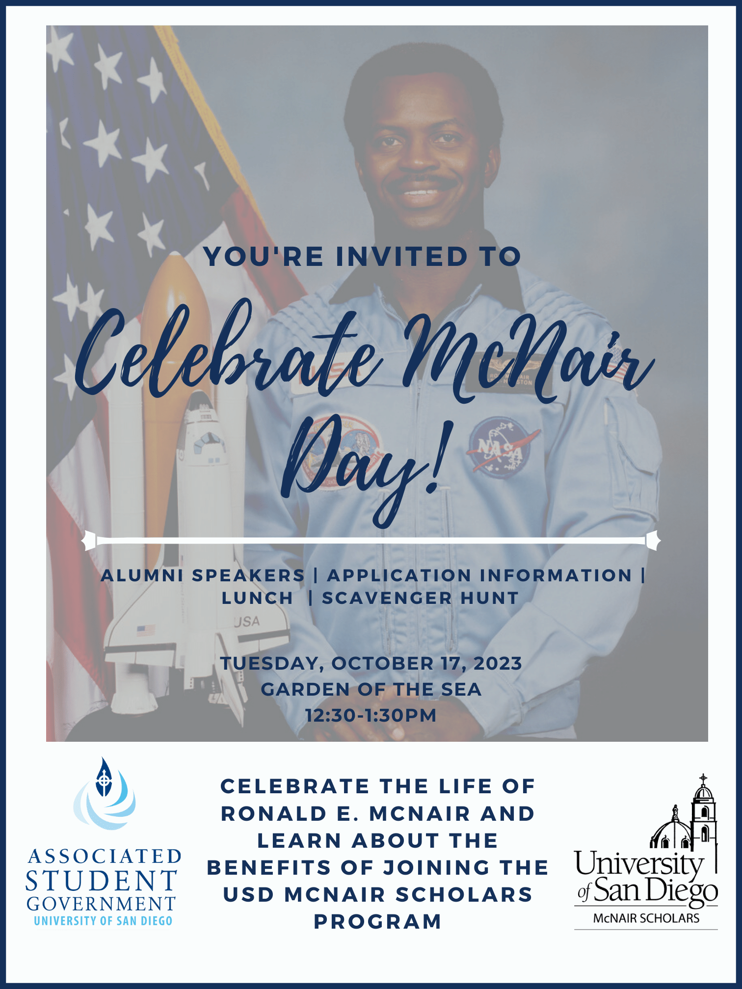 Photo detailing McNair Day celebration that will be held on Tuesday, October 17, 2023 at Garden of the Sea from 12:30-1:30PM.