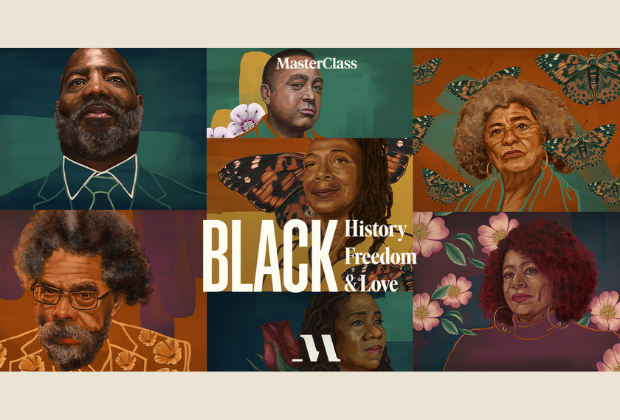 An portrait illustration of iconic Black leaders Angela Davis, Jelani Cobb, Kimberle Williams Crenshaw, Nicole Hannah-Jones, Cornel West,  John McWhorter, and Sherrilyn Ifill. 