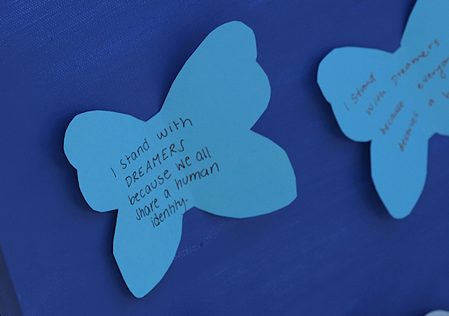 A message of support and in solidarity was written on paper butterflies for an art project connected to a DACA Day of Action event on the USD campus on Tuesday.