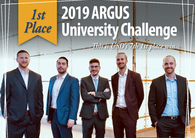 USD School of Business team takes first place in 2019 ARGUS Competition. Photo of the five-member team.