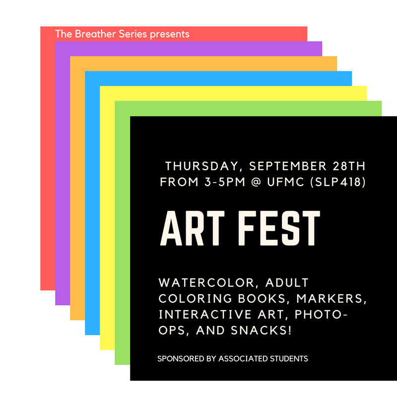 Swing by the UFMC to enjoy some interactive wall art and take a breather while watercoloring on textured paper. Sponsored by Associated Students.