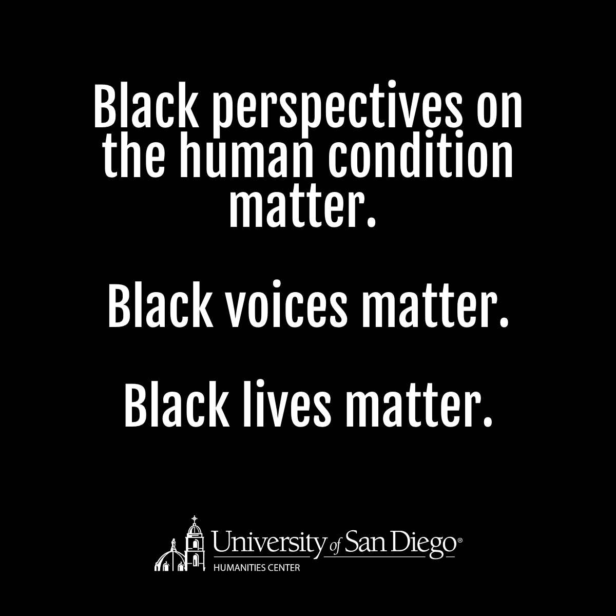Black box with white text stating Black perspectives on the human condition matter. Black voices matter. Black lives matter.