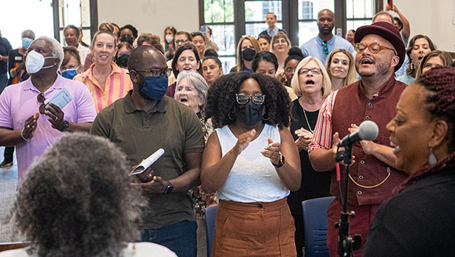 Participants sing during the University of San Diego's Inaugural Juneteenth Celebration on Thursday, June 9.
