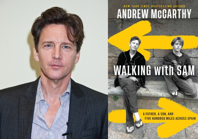 Headshot of McCarthy smiling and the book cover on the right side, which is a black and white photo of him and his son sitting on a stone bench