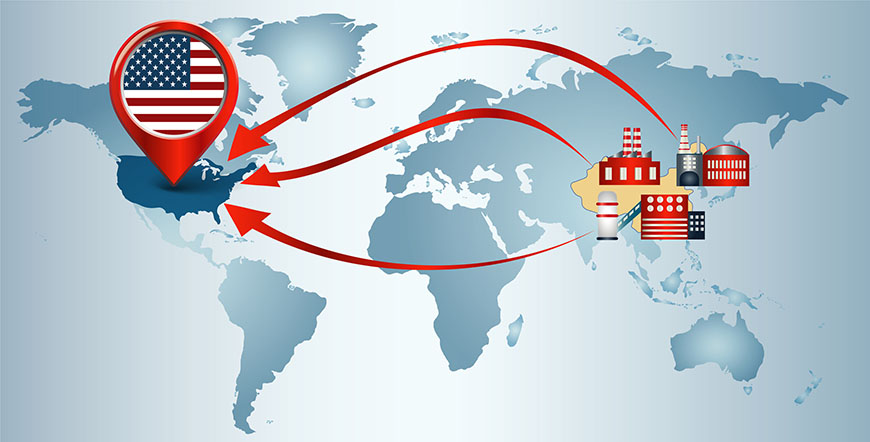 Illustrated map of reshoring showing factories in Asia with arrows pointing to the U.S.