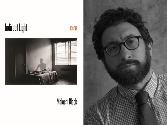 Book cover Malachi Black's "Indirect Light, Poems" and author headshot