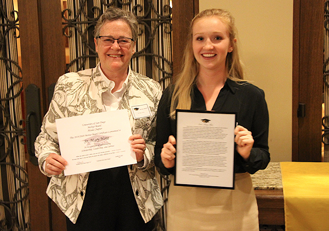 Sr. Mary Hotz, English, was honored by a Mortar Board student as an appreciated faculty member at USD.