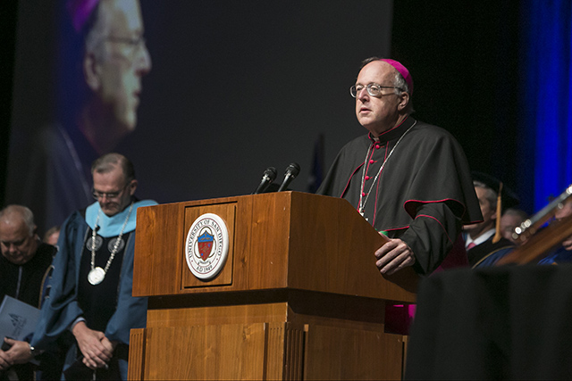 Bishop McElroy speaks at a USD event