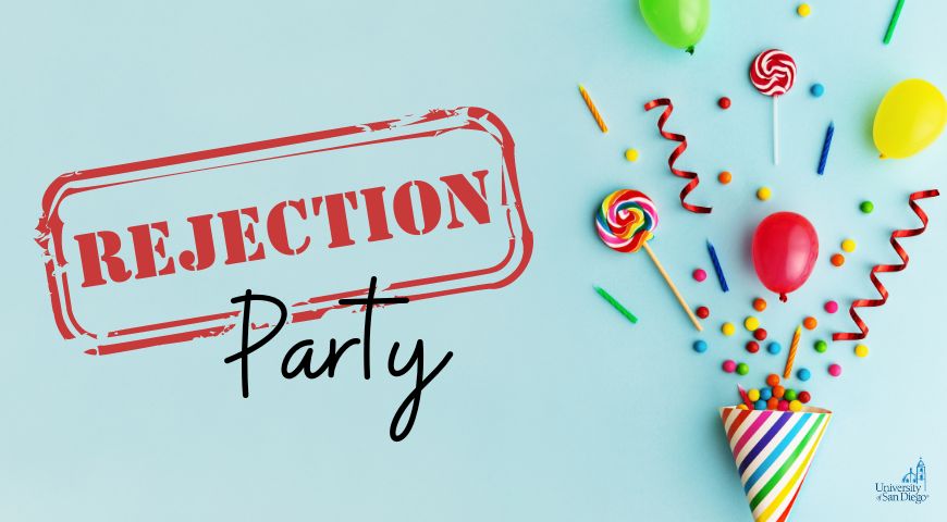 Confetti with text that reads "Rejection Party"