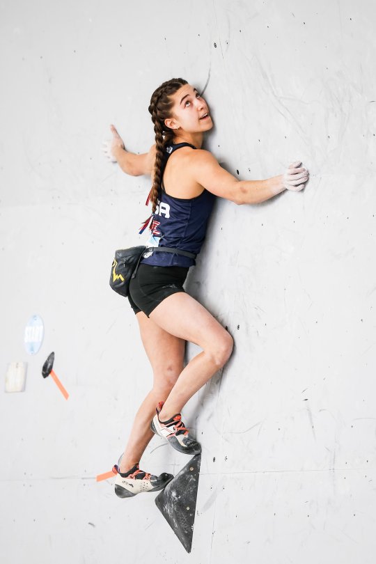 Brooke Raboutou of United States scales a wall in competition during the finals of the IFSC Climbing World Cup Salt Lake City at Industry SLC on May 22, 2021 in Salt Lake City, Utah. Andy Bao—Getty Images