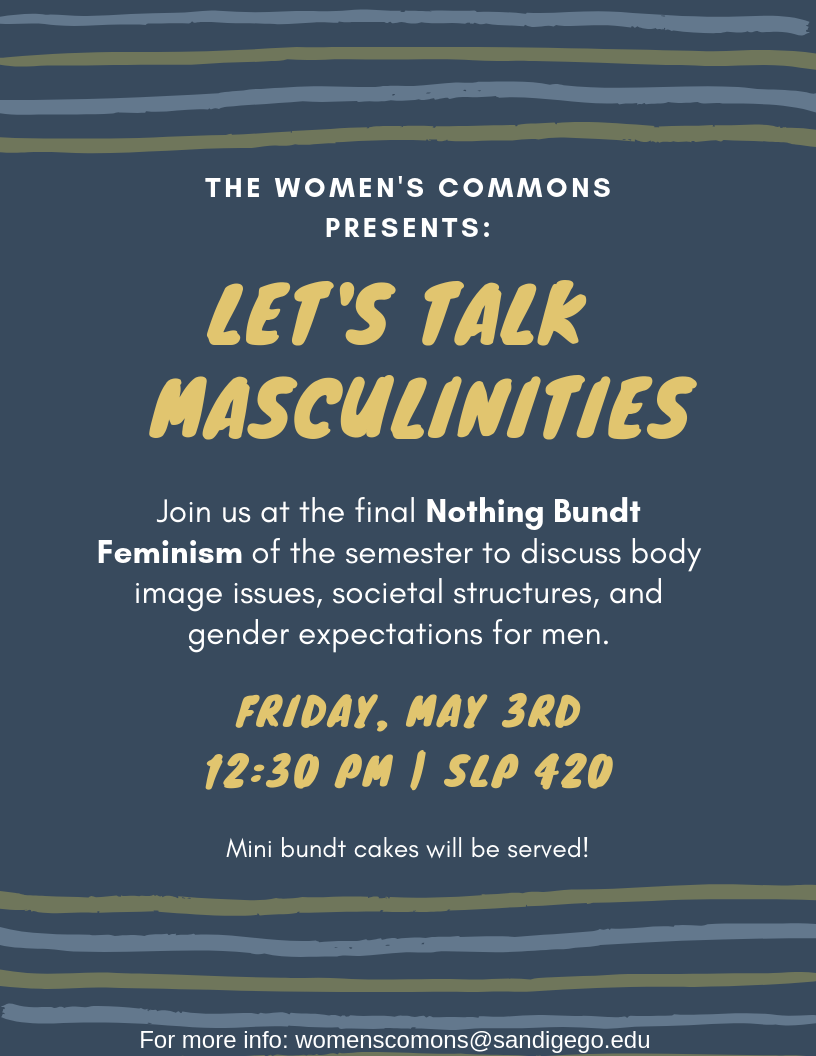 Let's Talk Masculinities: Join us at the final Nothing Bundt Feminism of the semester to discuss body image, societal structures, and gender expectations for men. Bundt cake will of course be served!
