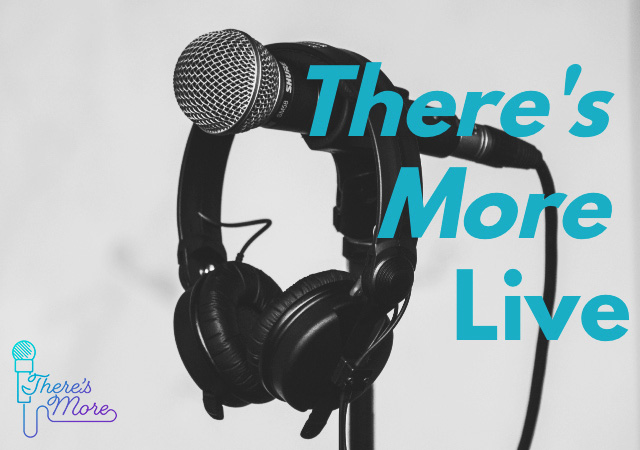 A photo of headphones on a microphone stand with the words "There's More Live" 