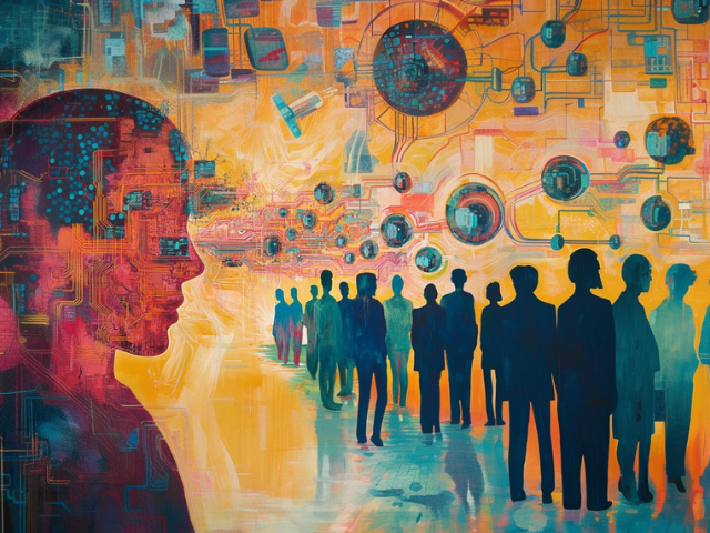 An AI figure next to a group of human figures with technology symbols
