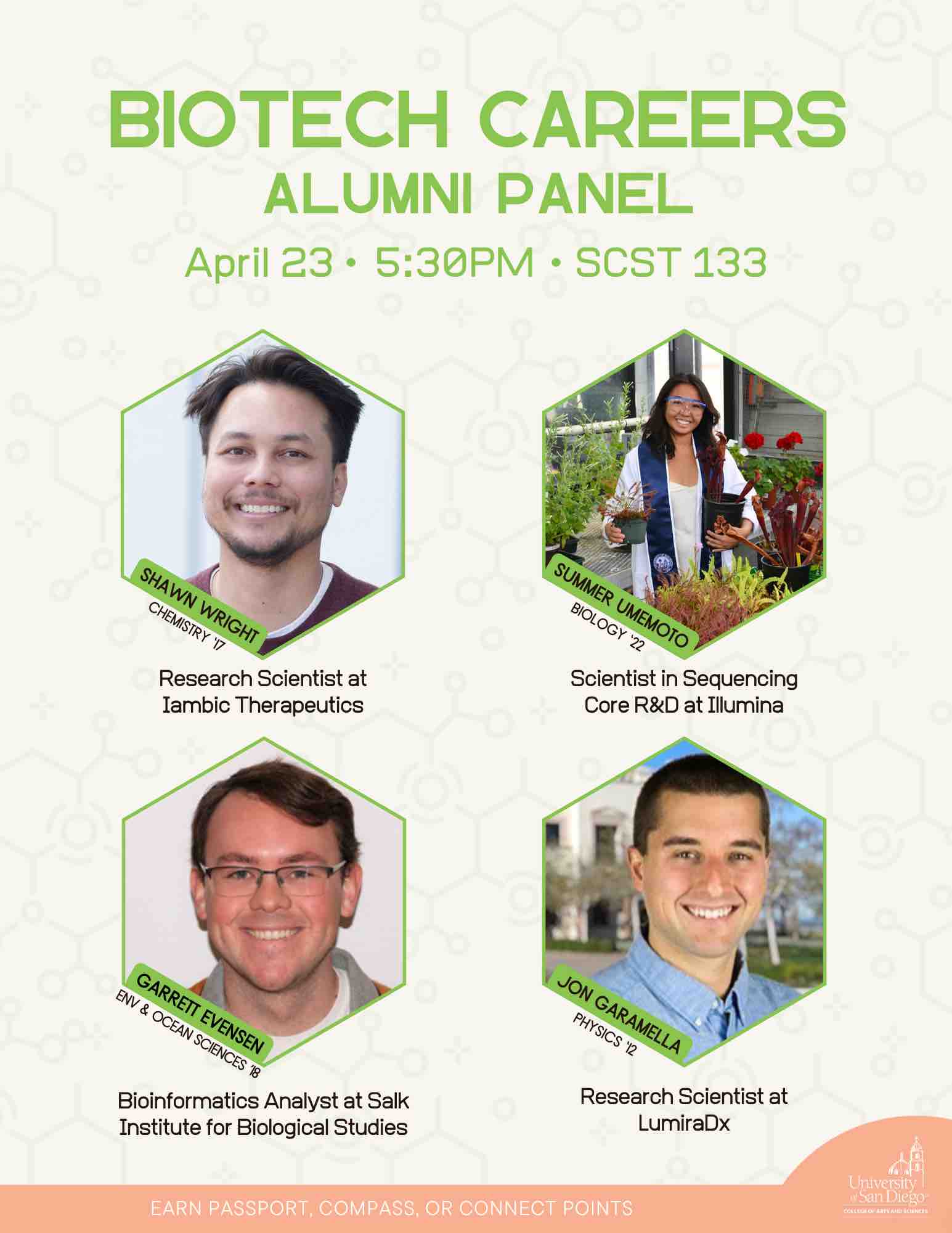 Biotech careers alumni panel - April 23 5:30PM SCST 133 with Shawn Wright, Summer Umemoto, Jon Garamella, Garrett Evansen