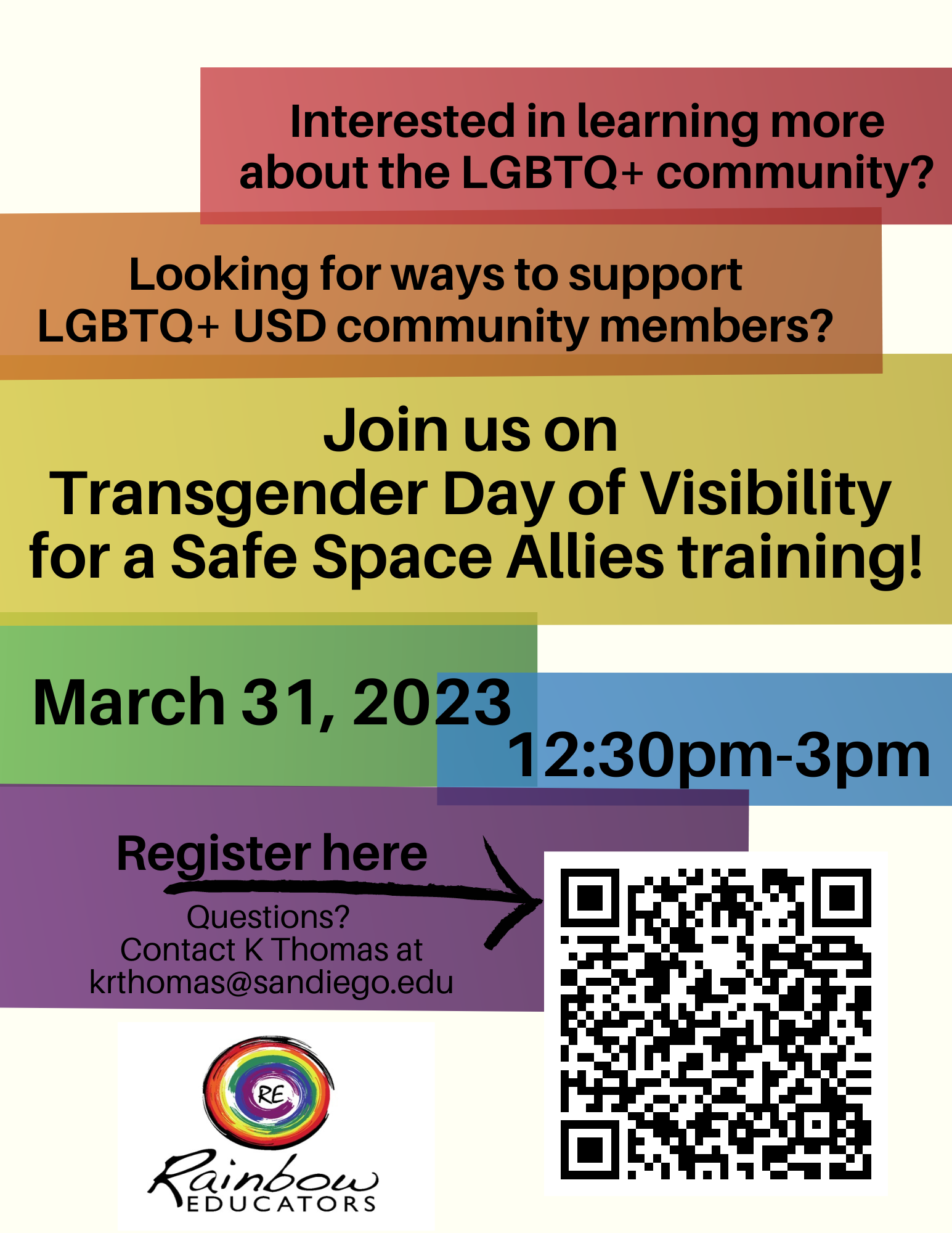 Flyer has rainbow colored strips behind text