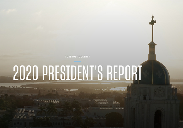 Image of USD campus with words "2020 USD President's Report"