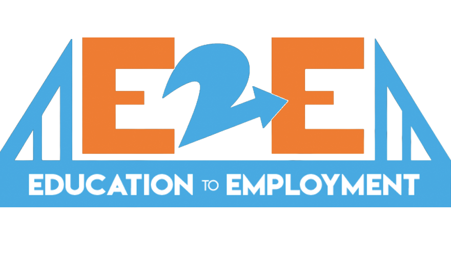 the words education to employment incubator and letter 2 number two letter e between a bridge
